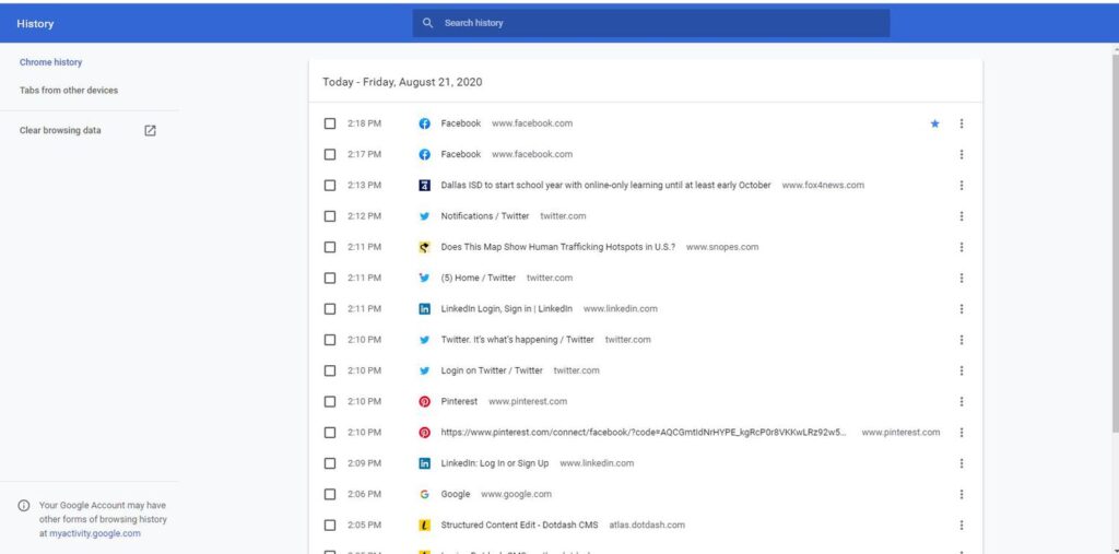 Historique de recherche sur Google Chrome